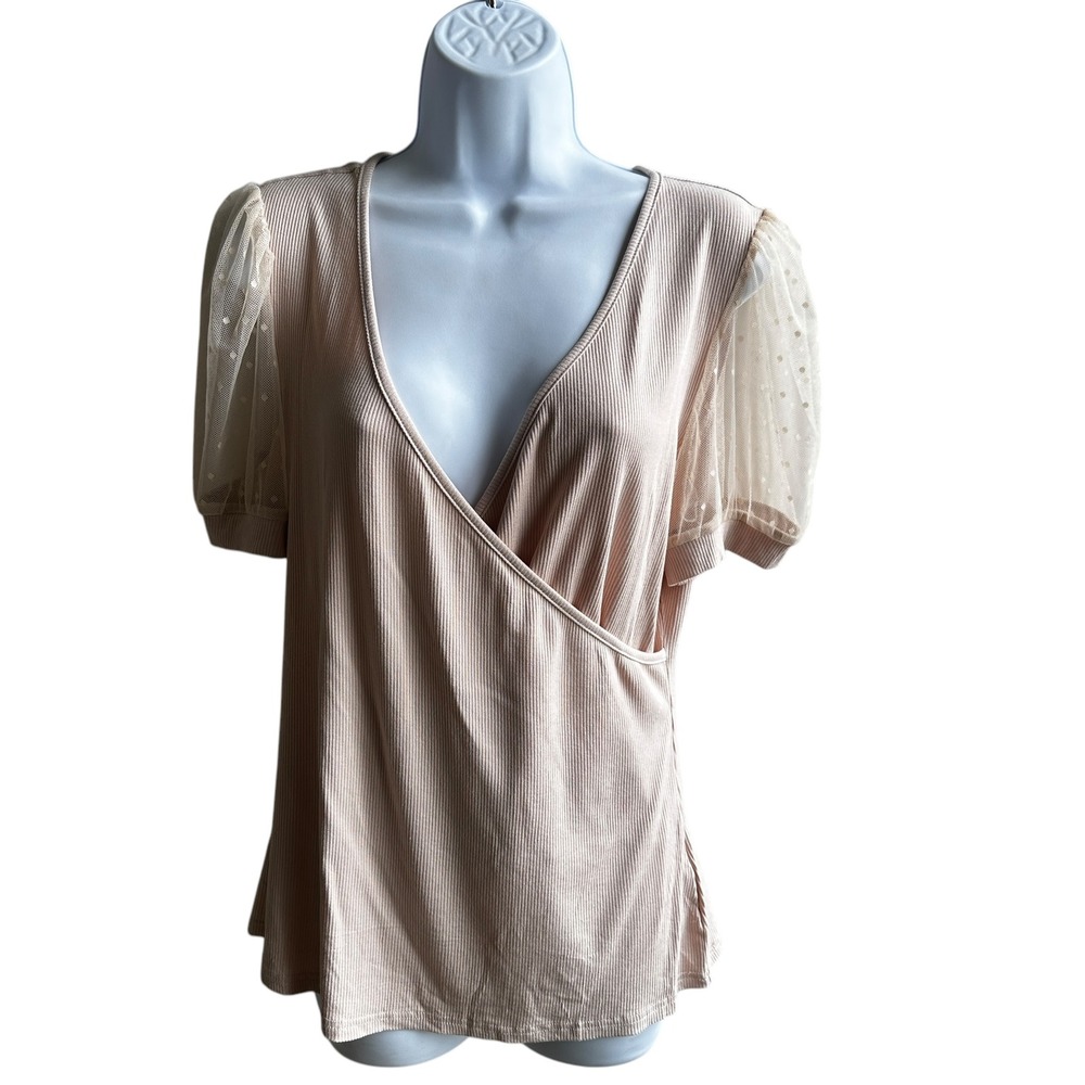 Fayenne Knit Top Ribbed‎ Beige Sheer Polka Dot Sleeve Casual XL